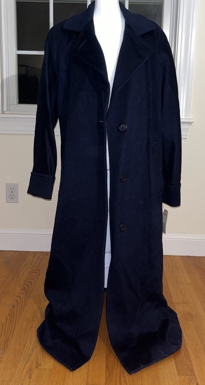Dale Dressin Navy Blue Long Button Overcoat 100% Wool, Collared, Pockets NWT 10